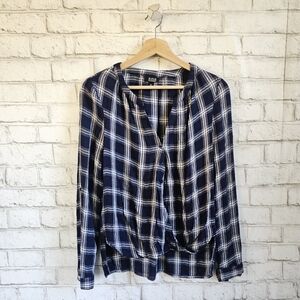 A.N.A. Navy Plaid Wrap Front Top, XS